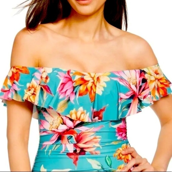 La Blanca Women's Off Shoulder Ruffle Blue One Piece Swimsuit - Picture 4 of 12